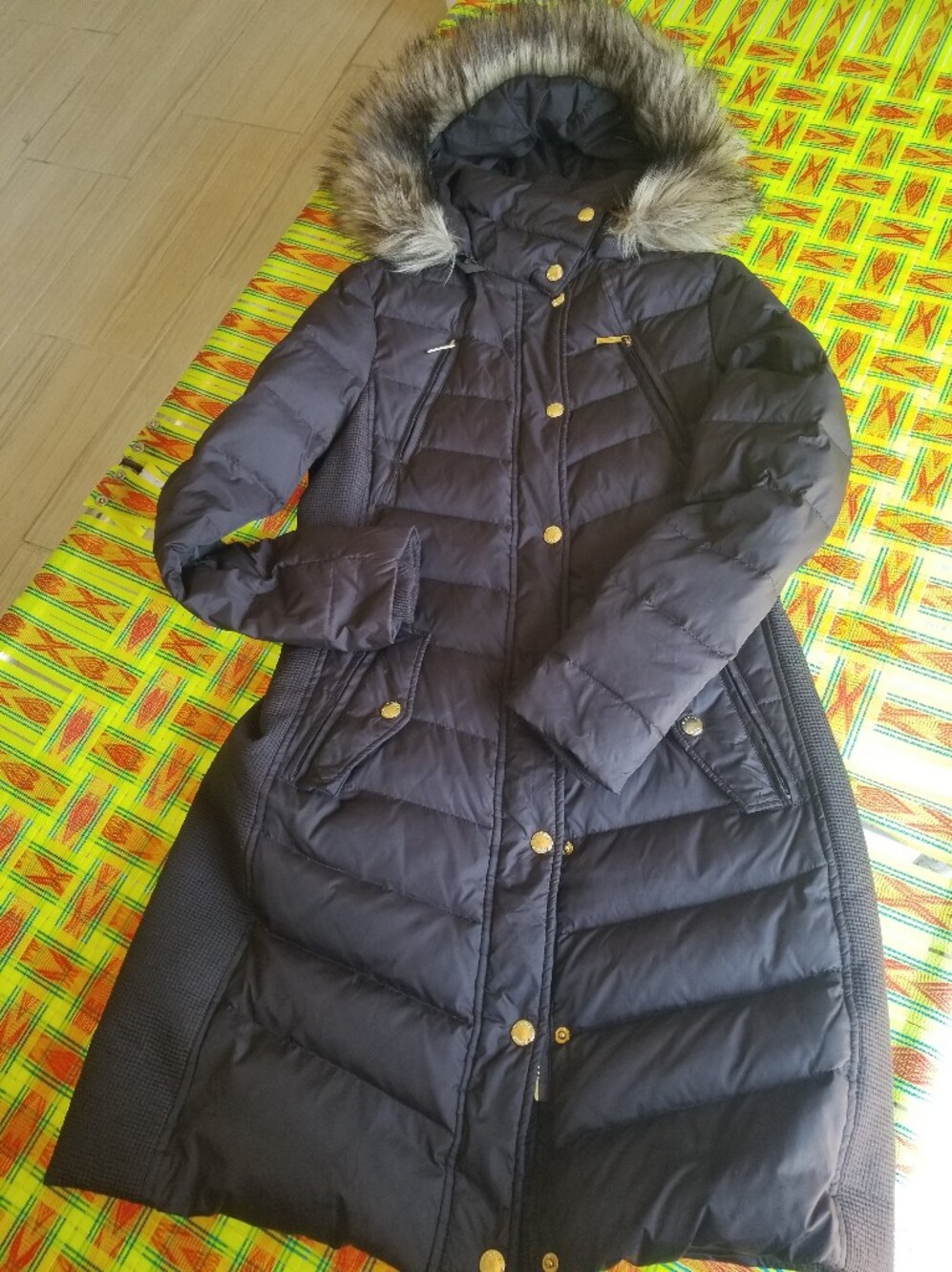 Michael Kors Long Quilted Puffer Coat with Faux Fur Hood Size Small Dark Brown